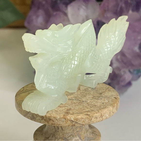 Chinese Hand Carved Jade Stone Dragon Figurine Vintage Green Animal Carving 3" - Picture 4 of 14